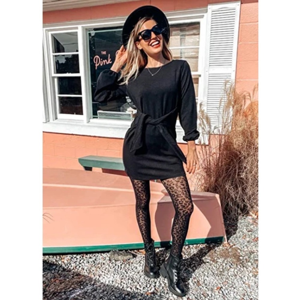 Prettygarden Women's Black Long Sleeve Tie Waist Casual Mini Dress Size M